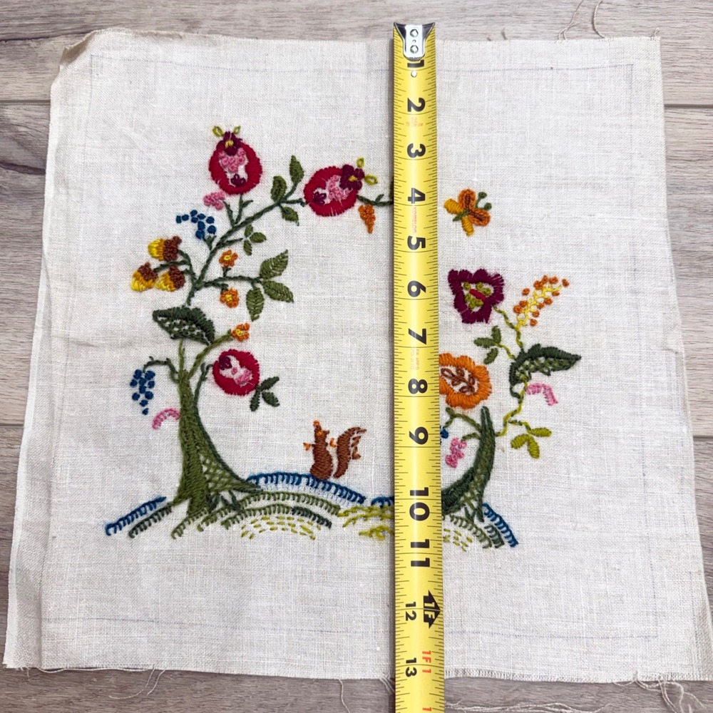 Vintage Hand Embroidered Linen Panel Squirrel Floral Crewel Folk Art 13x14‎ - Picture 5 of 6